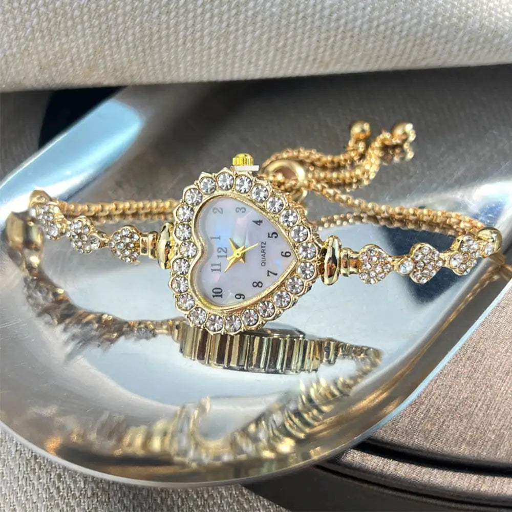 LuxeTime Heart Shaped Diamond Studded Flower Watch With Ribbon Strap Adjustable Bracelet For Women