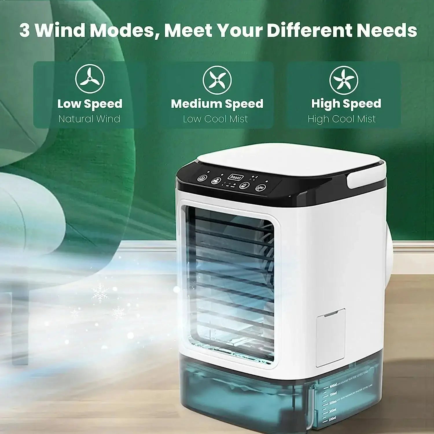 HOMEFISH small desktop humidifier by Simples Market, white unit with black control panel and blue water tank