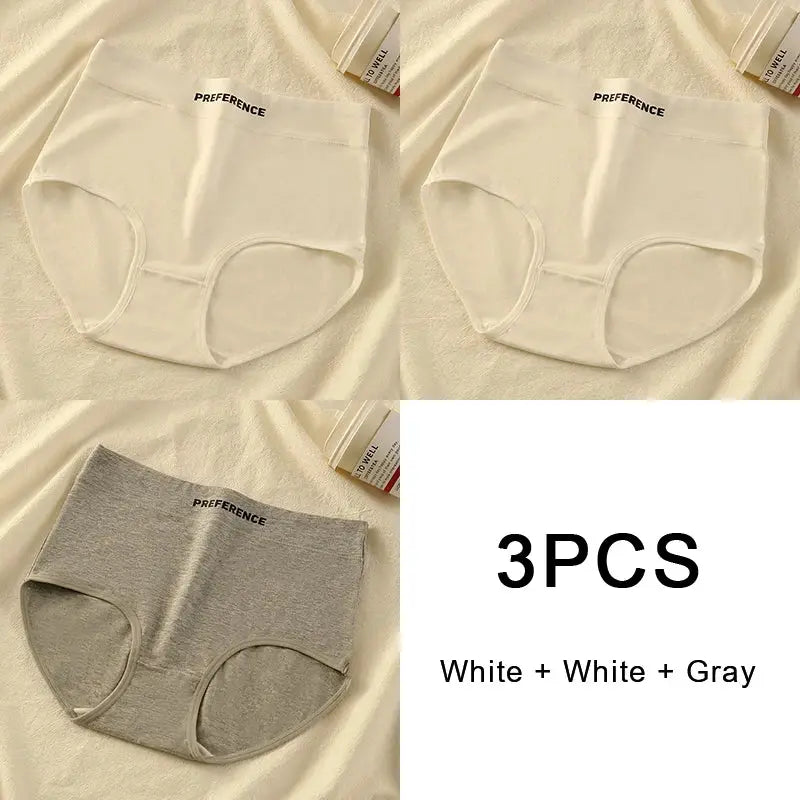 3-piece cotton high-waist panties set for women, two white and one gray, breathable soft underwear for everyday wear