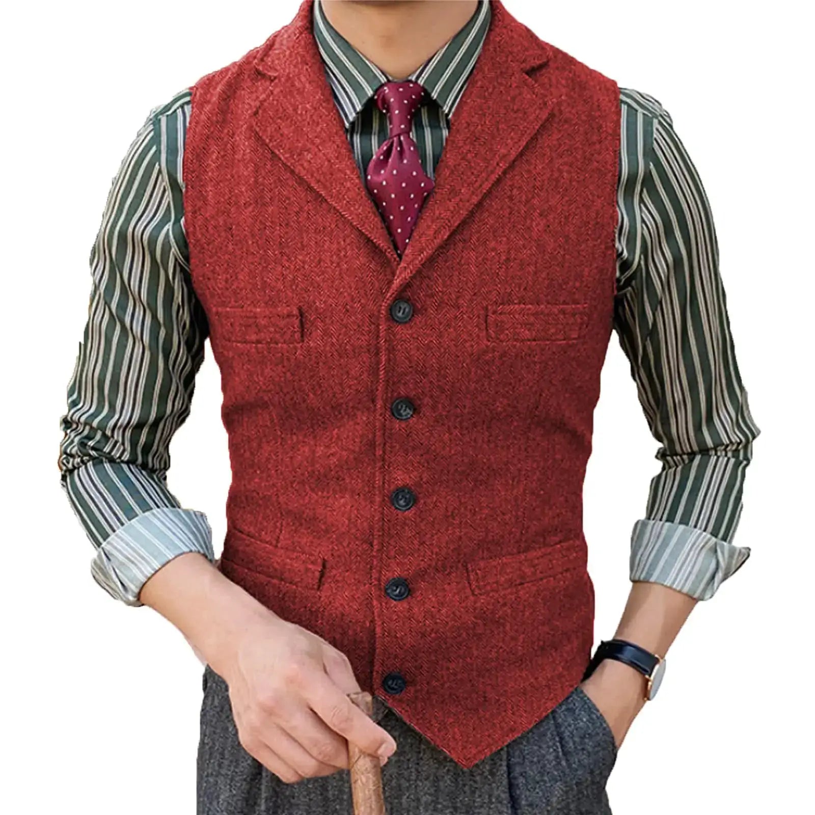 Mens suit vest in red wool herringbone with lapel, worn over striped green/gray shirt and maroon polka-dot tie