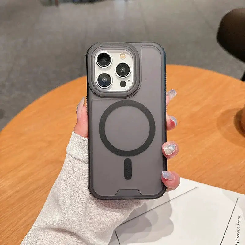 Simples Market 3-in-1 magnetic heavy-duty MagSafe iPhone case, gray armor back with circular MagSafe ring