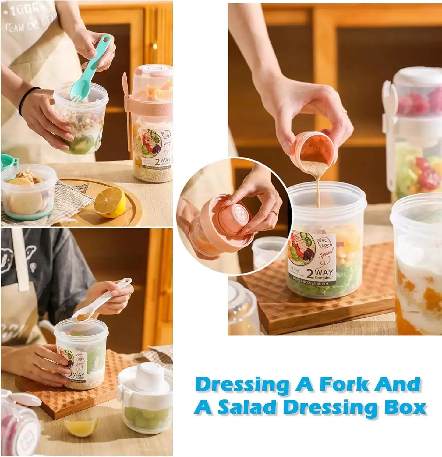Three Compartment Meal Prep Container With Forks Leakproof Portable For Breakfast Salad Parfait Dressing Jar