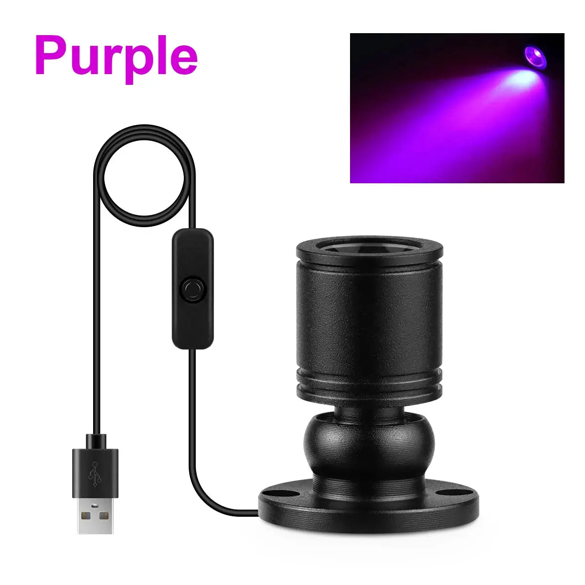 LED spotlight with USB cable and mounting base; black finish and purple light beam.