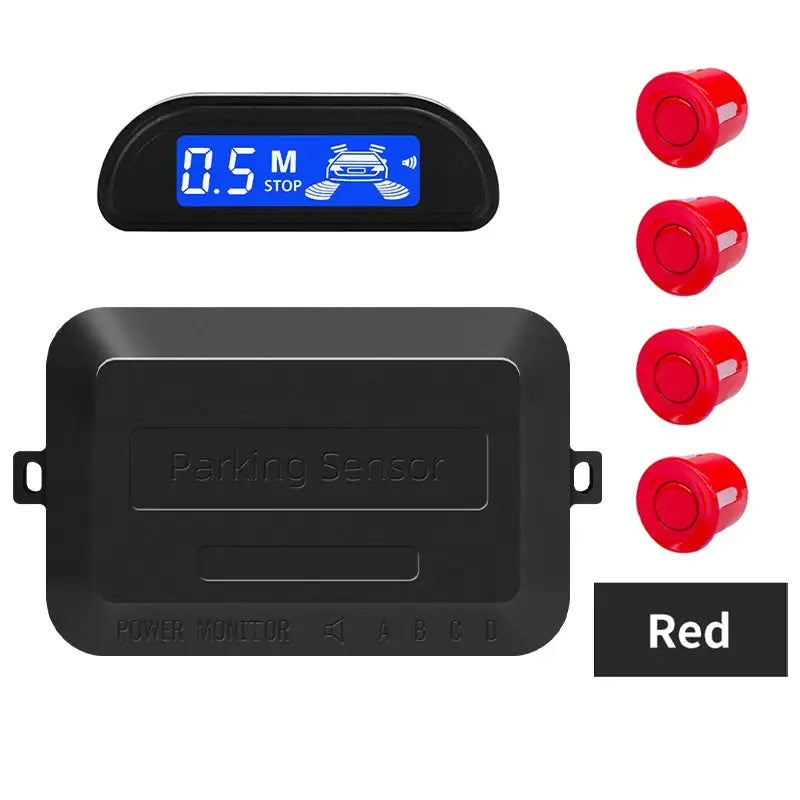 Car parking sensor kit with 4 red sensors, black control unit, and blue backlit display