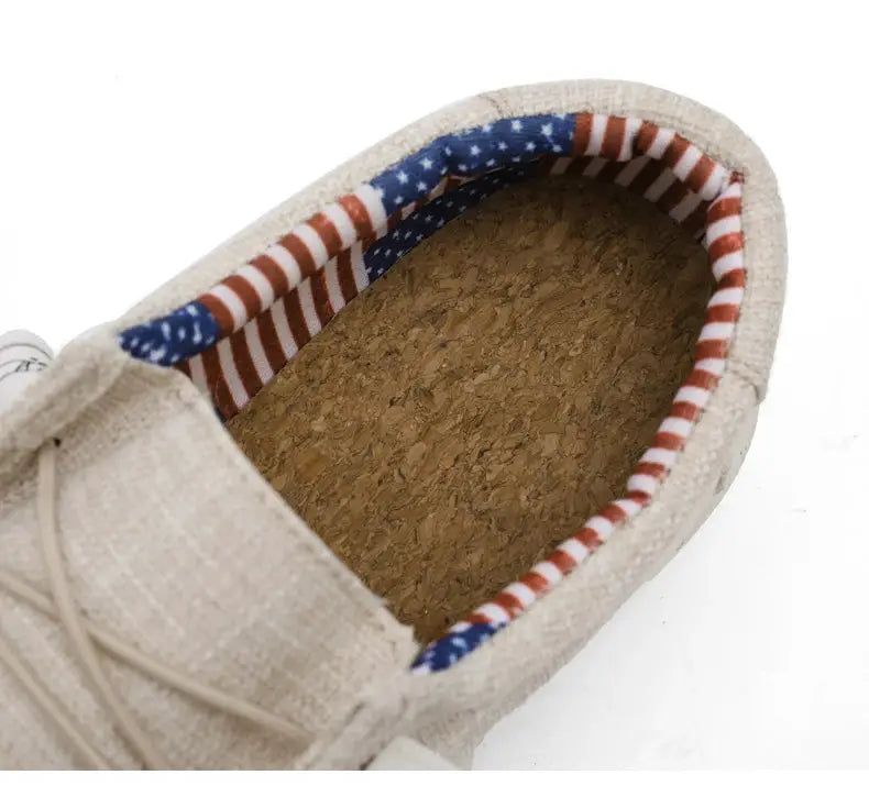 Men's casual canvas loafers in light beige with cork insole and patriotic striped lining