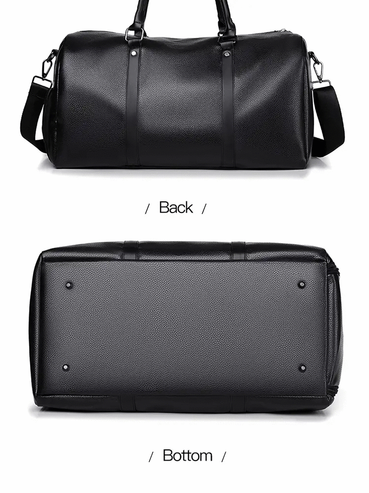 Retro New Short Trip Bag, black PU leather duffel with top handles and detachable shoulder strap, large capacity