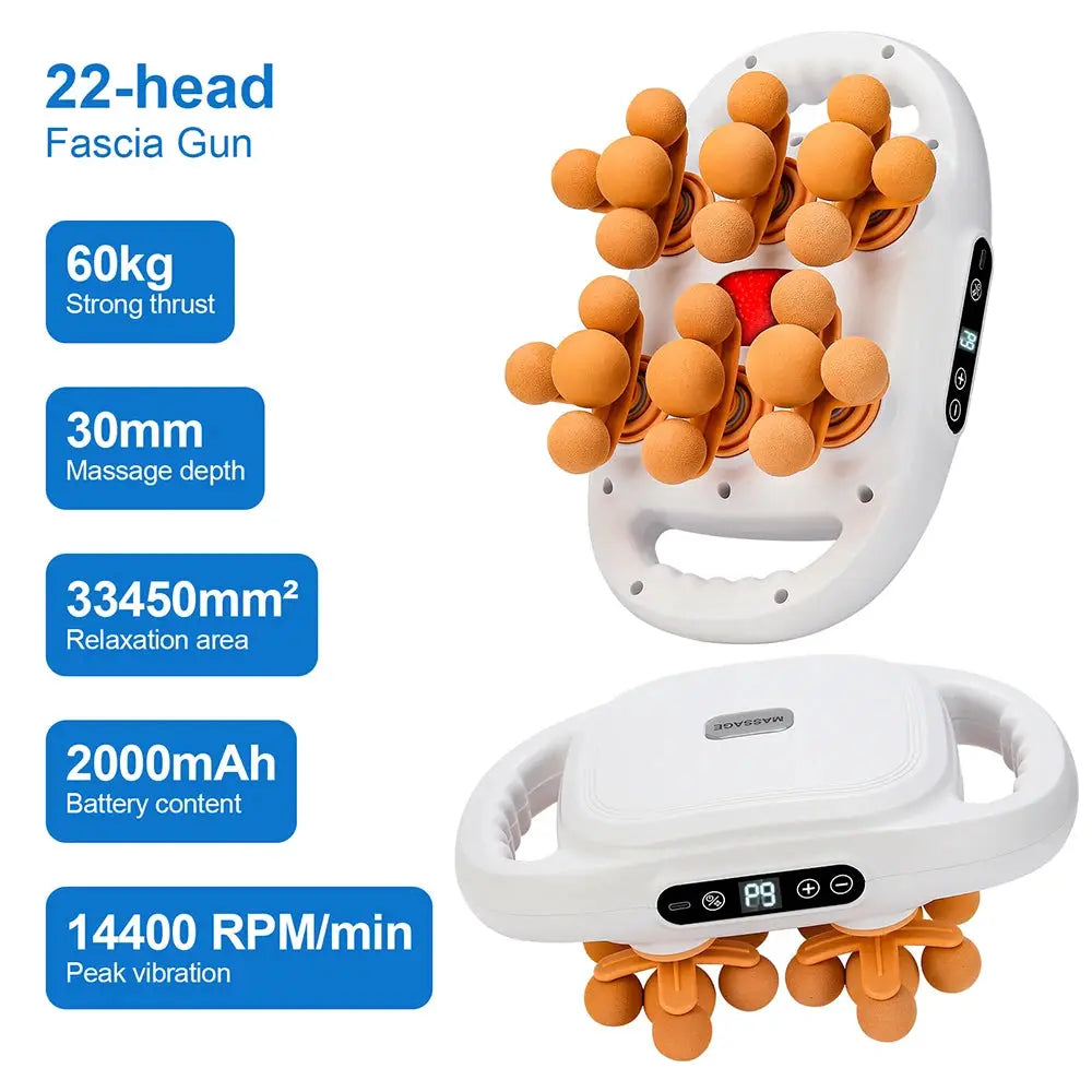 22-head fascia gun massager with white body and orange massage heads, handheld with digital display