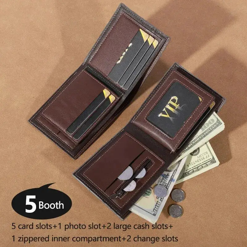 Men's high-capacity brown leather wallet set, 2-pack with 5 card slots, photo slot, cash slots, and coin pockets