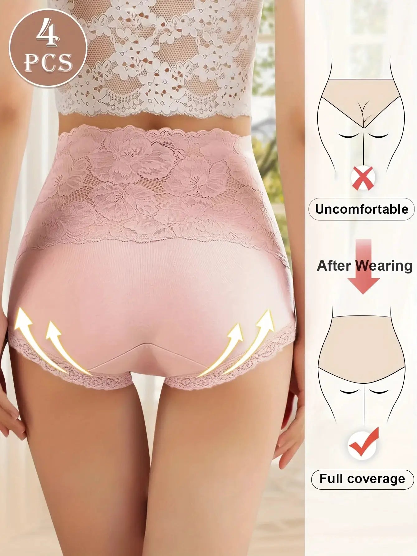 4pcs high-waisted lace panties in pink jacquard, hip-lifting shaping, skin-friendly cotton