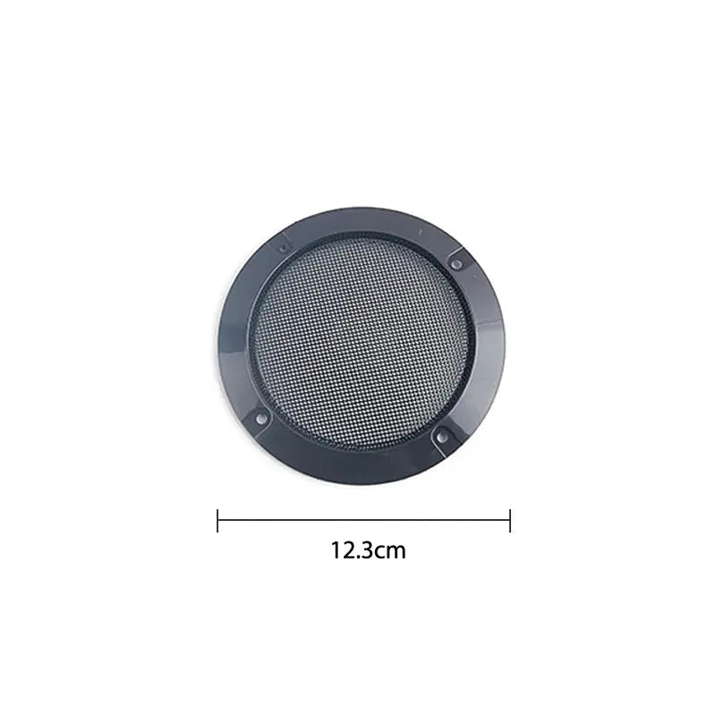 Speaker net cover, round dark gray mesh with plastic frame and metal wire grille, 12.3 cm diameter