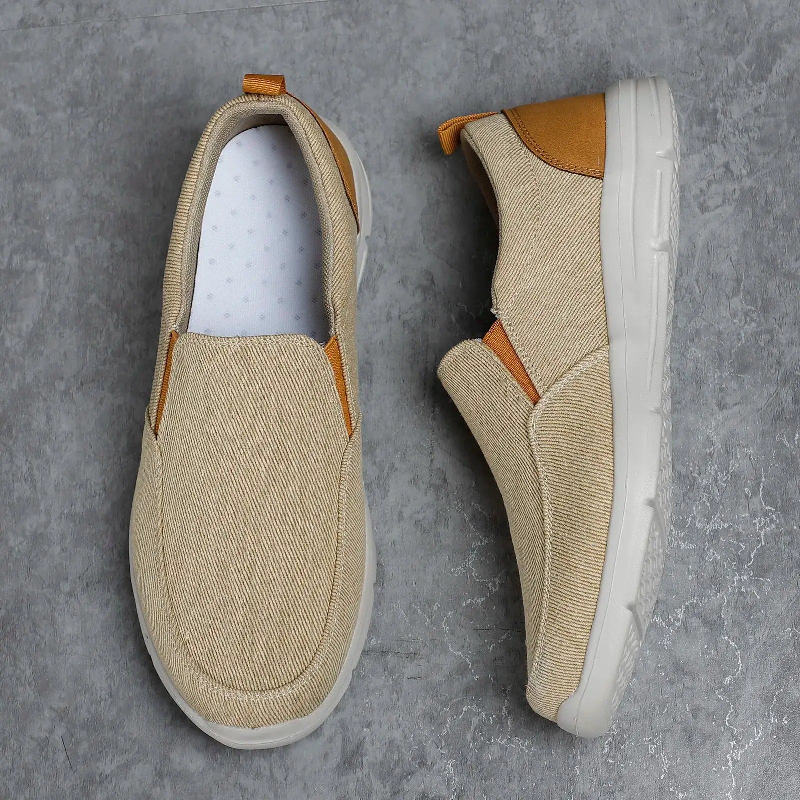 Men's beige canvas slip-on sneakers with white sole; breathable casual loafers