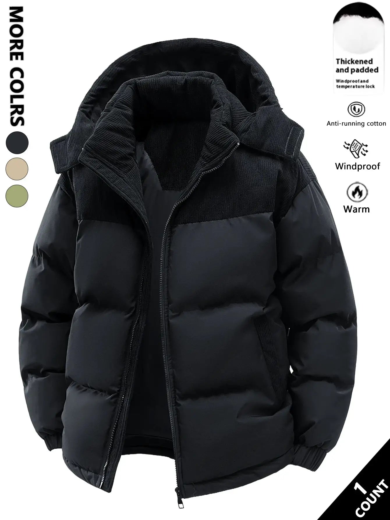 Men's hooded cotton jacket by Simples Market; black thickened puffer, windproof and warm.