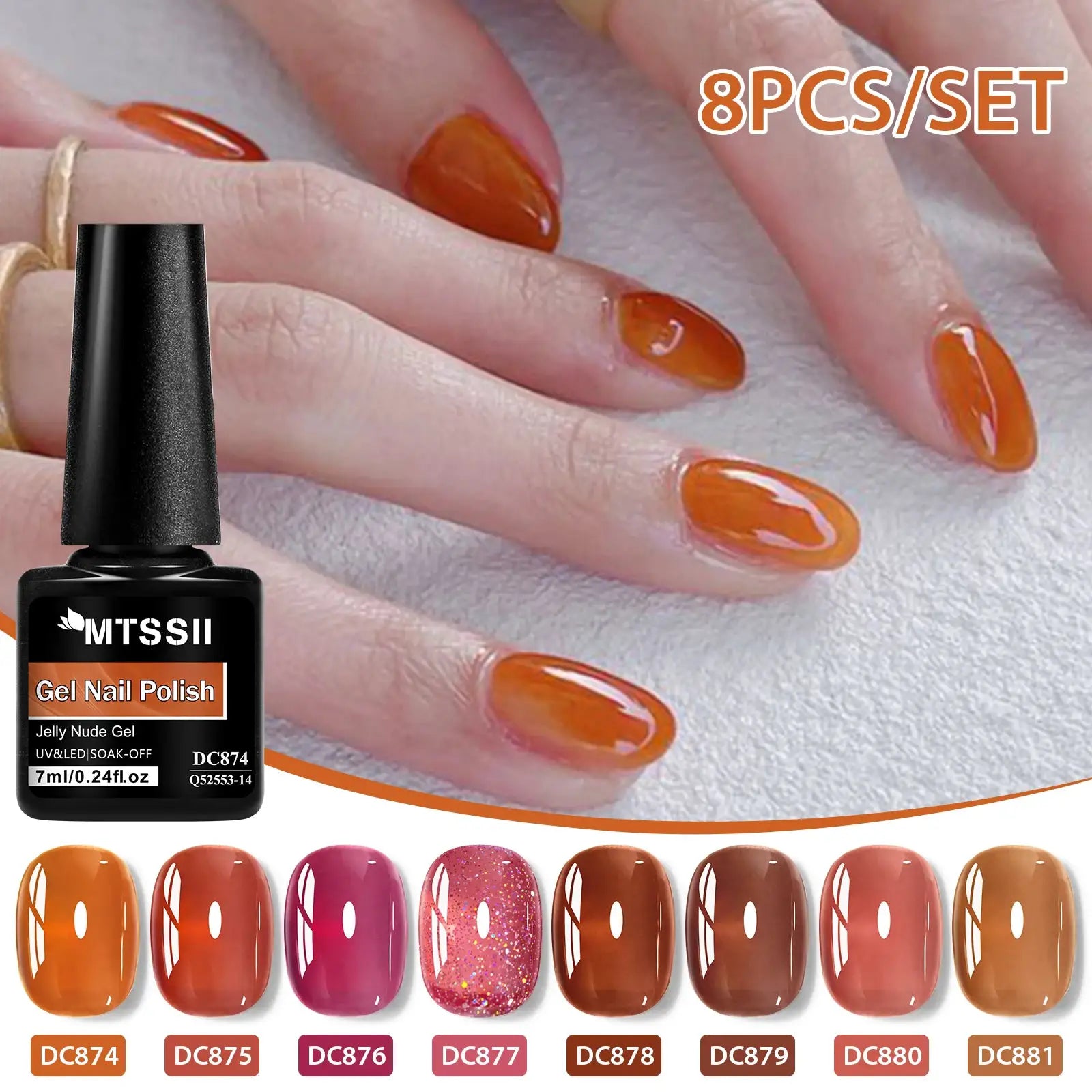 8pc nude jelly gel nail polish set with box; translucent orange nude shades for UV/LED soak-off manicure