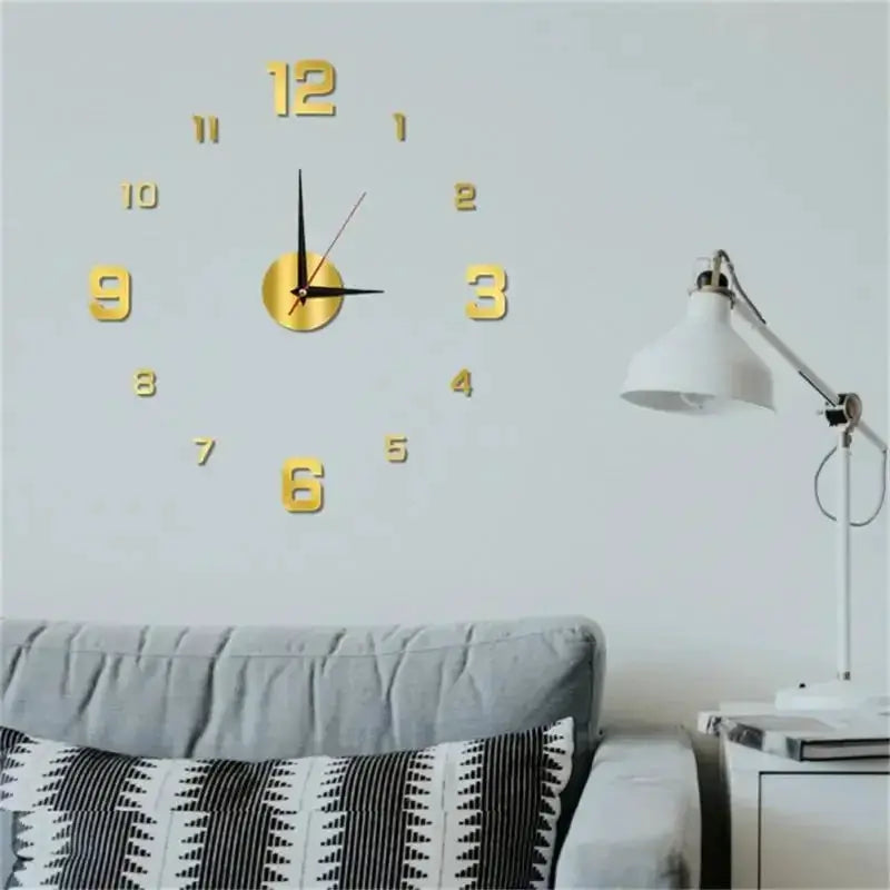Wall clock with gold 3D numerals and central gold disc, modern living room wall decor