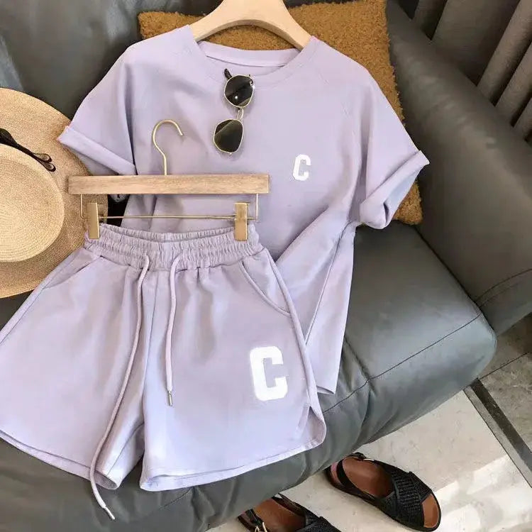 Women 2 Piece Summer Pajama Set Loose Short Sleeve T Shirt And Casual Shorts Sports Print Letter Design Large Size
