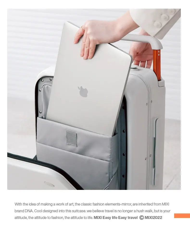 Mixi 20-inch cabin suitcase with aluminum frame and wide handle in silver-gray, with laptop pocket.