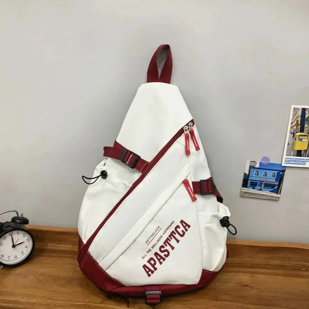 Y2K white nylon crossbody bag by APASTICA, red zippers and straps, unisex travel chest pack