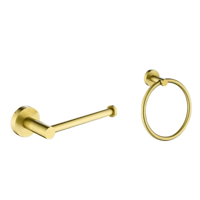 Brushed gold bathroom hardware set with wall-mounted towel ring and towel bar.