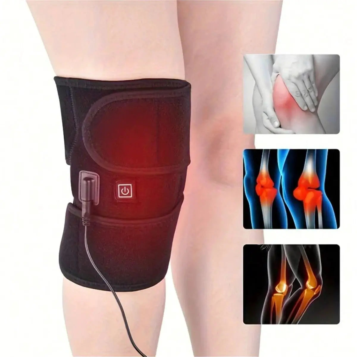 Knee massager pad by Simples Market, heated and vibrating, black neoprene sleeve with cord.