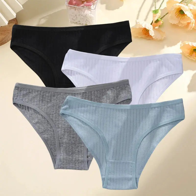4-pack women's cotton striped briefs in black, white, grey, and blue by Simples Market