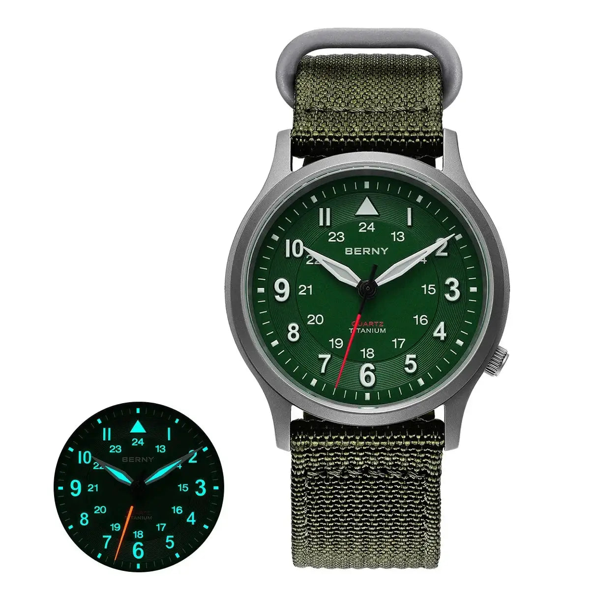 BERNY titanium men's field watch with green dial and olive fabric strap, luminous hands