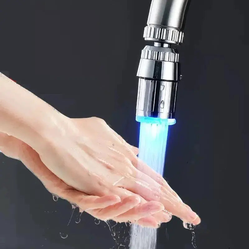 Simples Market LED faucet head aerator with blue glow, chrome finish, 3-color change stream for kitchen or bathroom