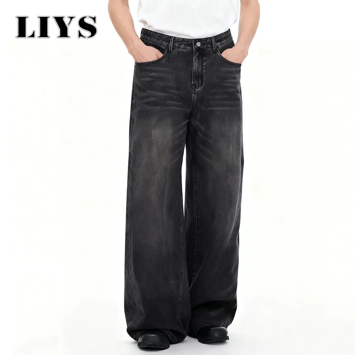 Men's wide-leg black denim jeans, baggy casual style, LIYS brand