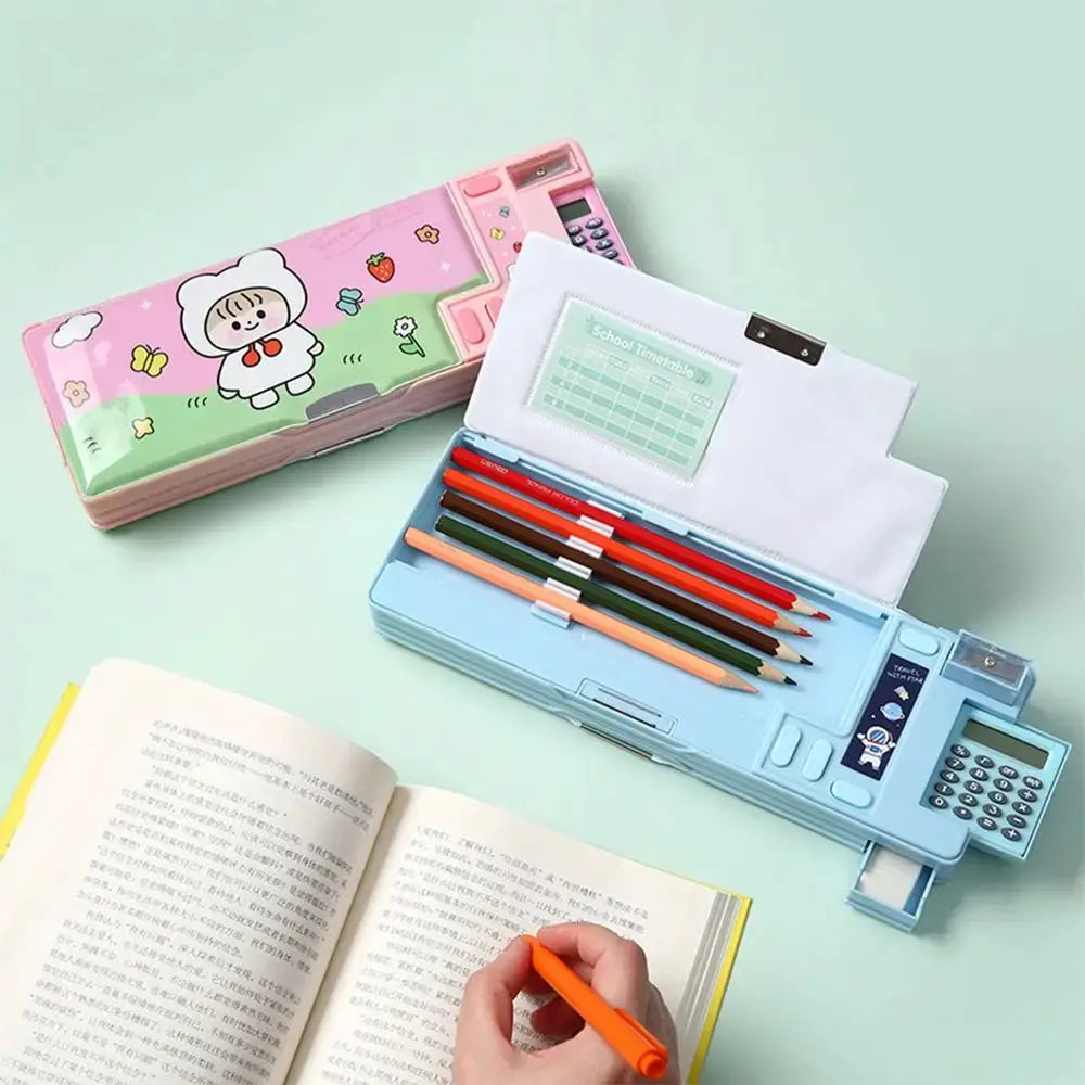 Double-layer pencil case with built-in calculator; pink astronaut design, blue interior, by Simples Market