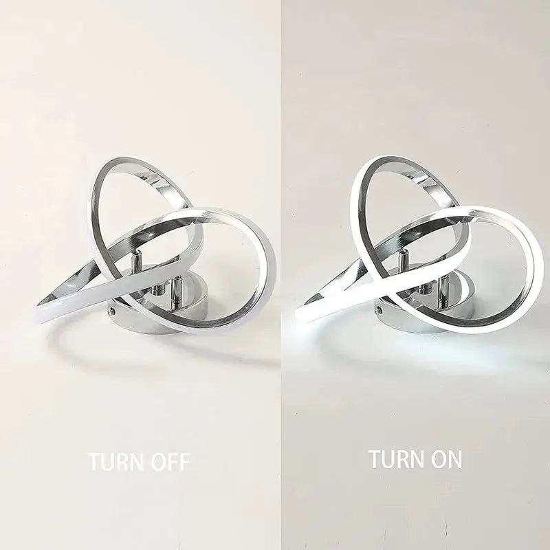 LED ceiling light fixture with chrome intertwined loops, modern minimalist living room decor