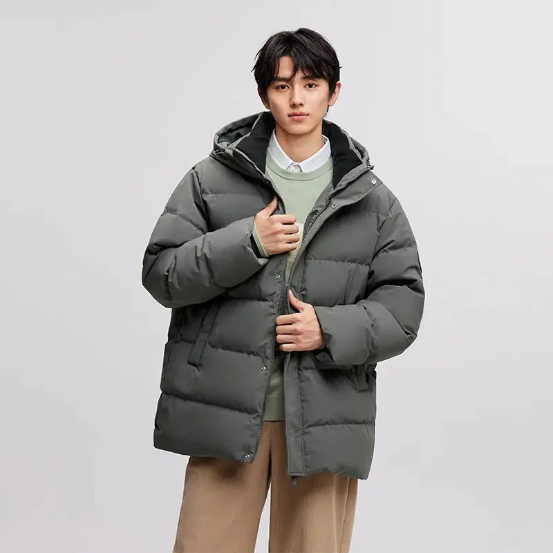 Semir men's hooded down puffer jacket, mid-length, dark olive gray
