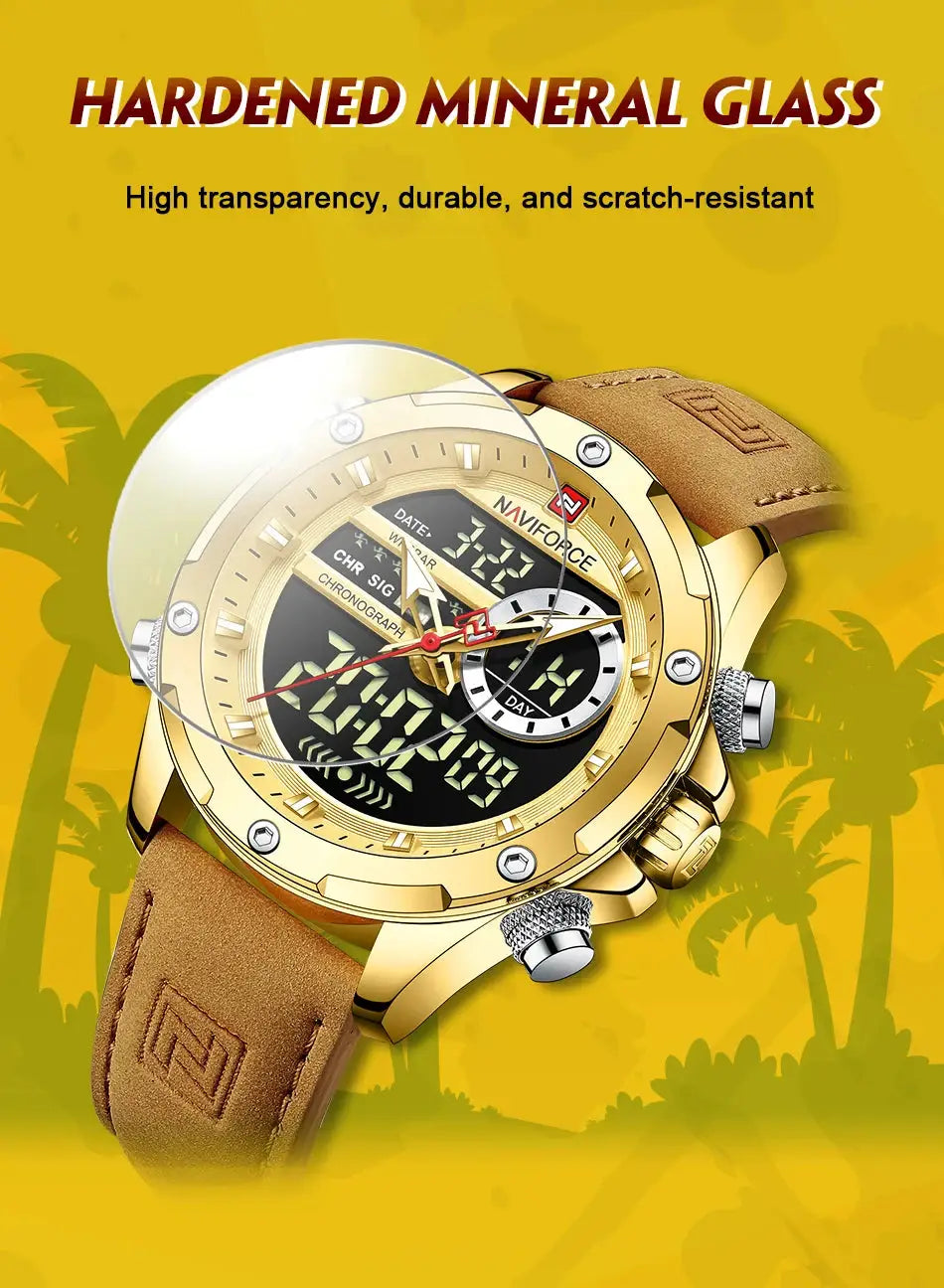 NAVIFORCE men's luxury chronograph watch with gold-tone case, tan leather strap, waterproof, hybrid analog-digital display