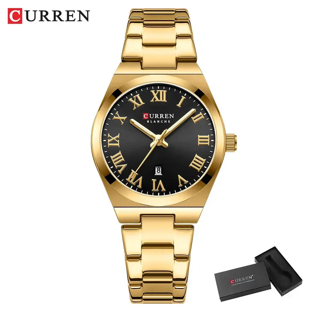 Curren women's watch with gold-tone stainless steel bracelet, black Roman-numeral dial and date window