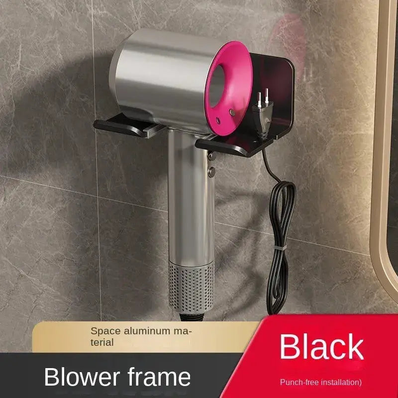 Simples Market black wall-mounted hair dryer holder with aluminum frame and pink accent