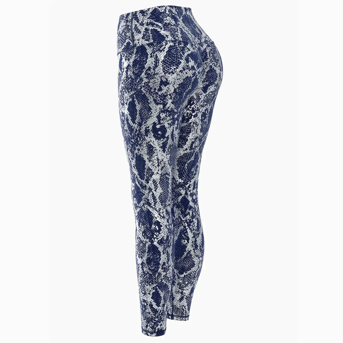 Snake-print yoga pants by Simples Market, blue/white high-waist stretch leggings for women