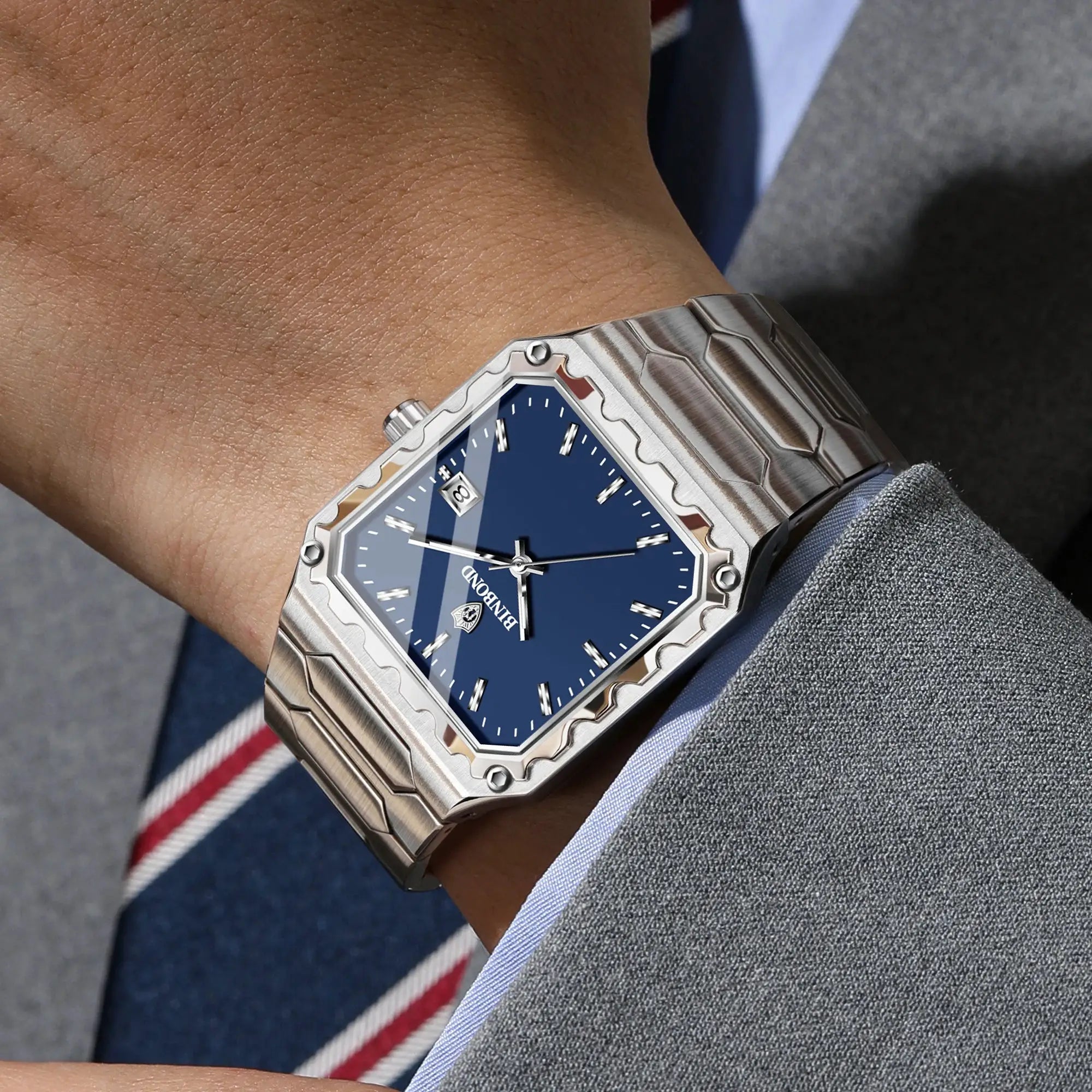 BINBOND men's stainless steel quartz watch with blue dial and date window