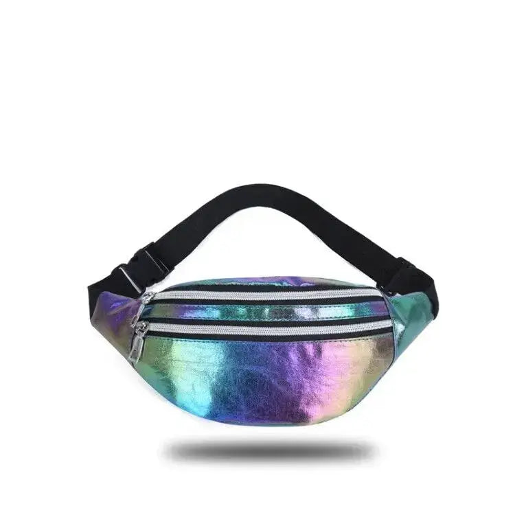 Simples Market holographic fanny pack with dual zip compartments and adjustable black strap.