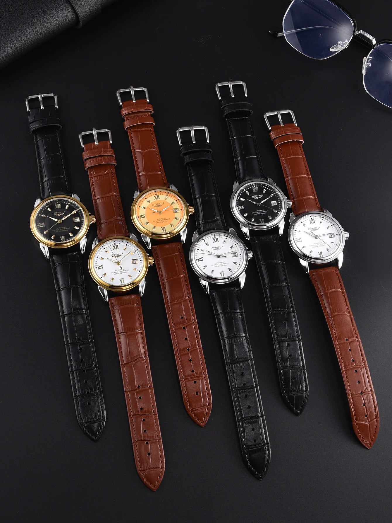 Simples Market men's automatic watch set with six leather-strap timepieces in black and brown, gold and silver cases.