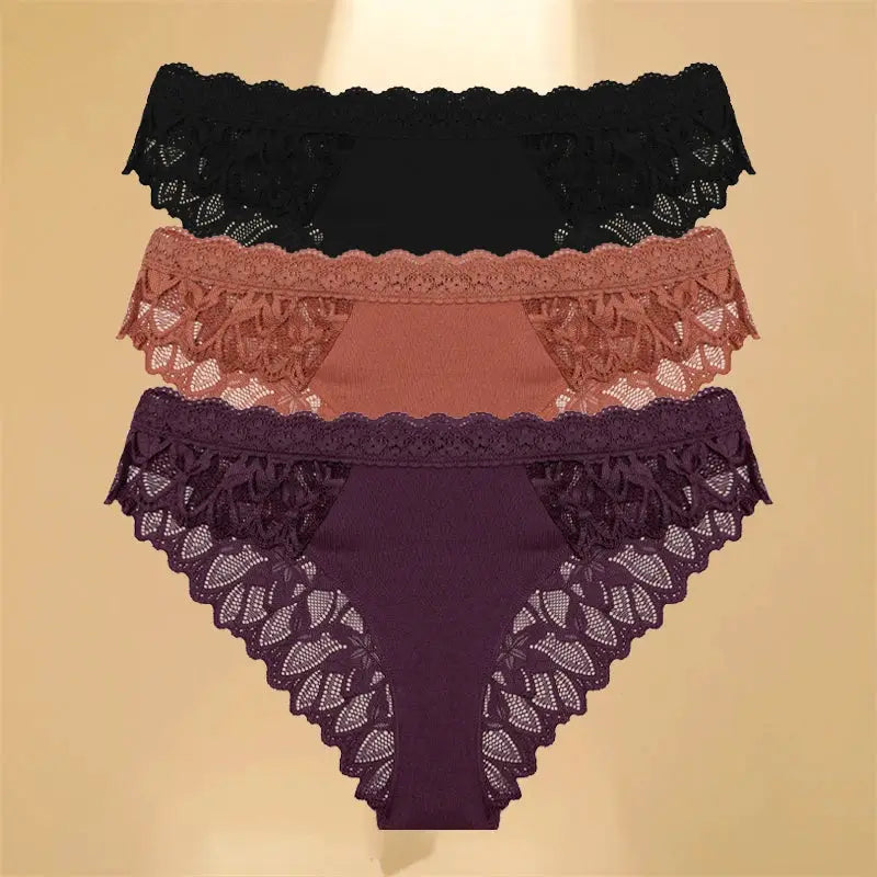 Simples Market FINETOO lace hollow-out underwear set; 3-piece pack in black, peach, and plum.