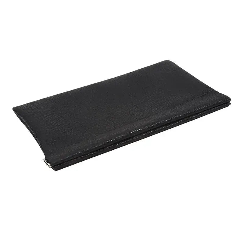 Long black artificial leather wallet with zipper closure for cash and cards