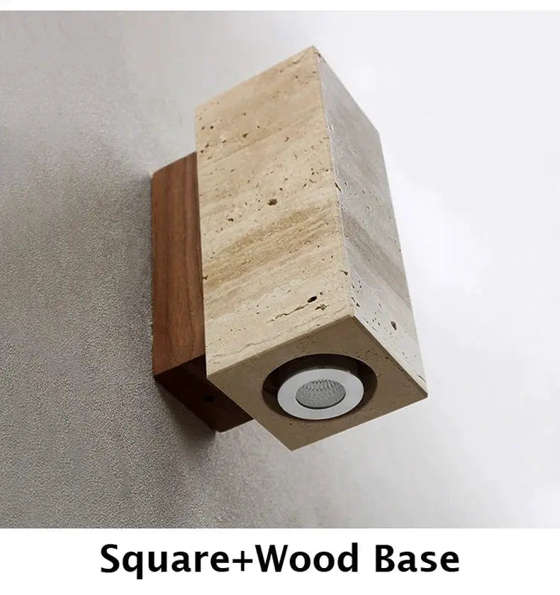 Wall lamp with square yellow travertine marble block on a wood base by Simples Market, LED bedside light