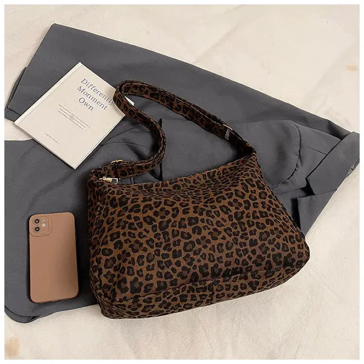 Women's leopard print shoulder bag, trendy casual soft textile, large capacity crossbody