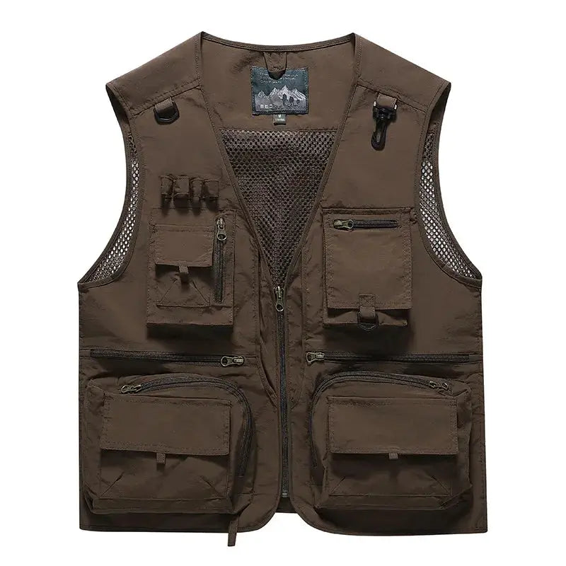 Men's brown outdoor breathable mesh vest with multiple pockets and zippered front