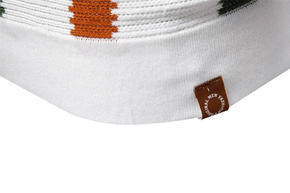 AIOPESON men's white ribbed knit polo shirt with orange striped collar and brown tag.