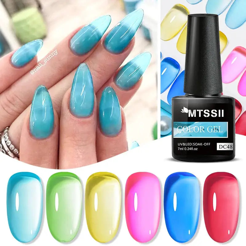 MTSSII 6-piece jelly gel nail polish set in sea blue, Simples Market, soak-off UV gel with color swatches.