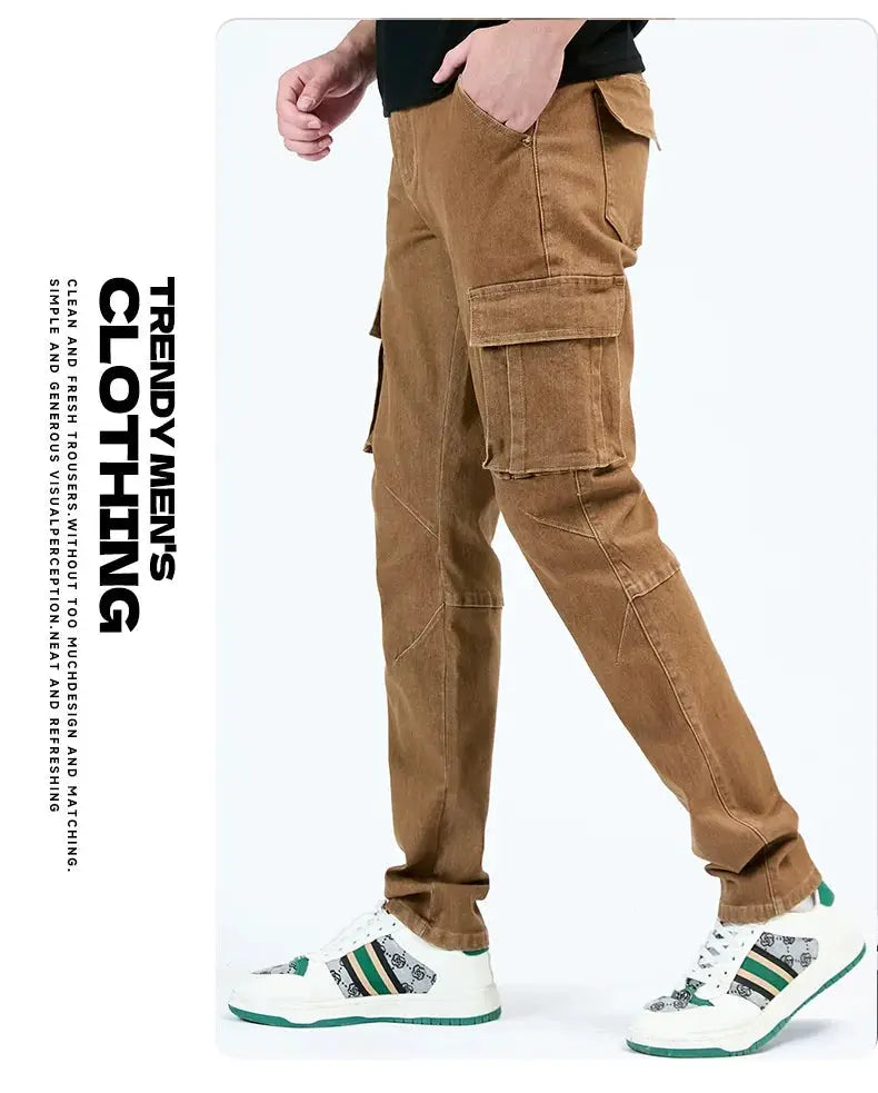 Simples Market men's tan denim cargo pants with elastic waist, multiple pockets, slim fit