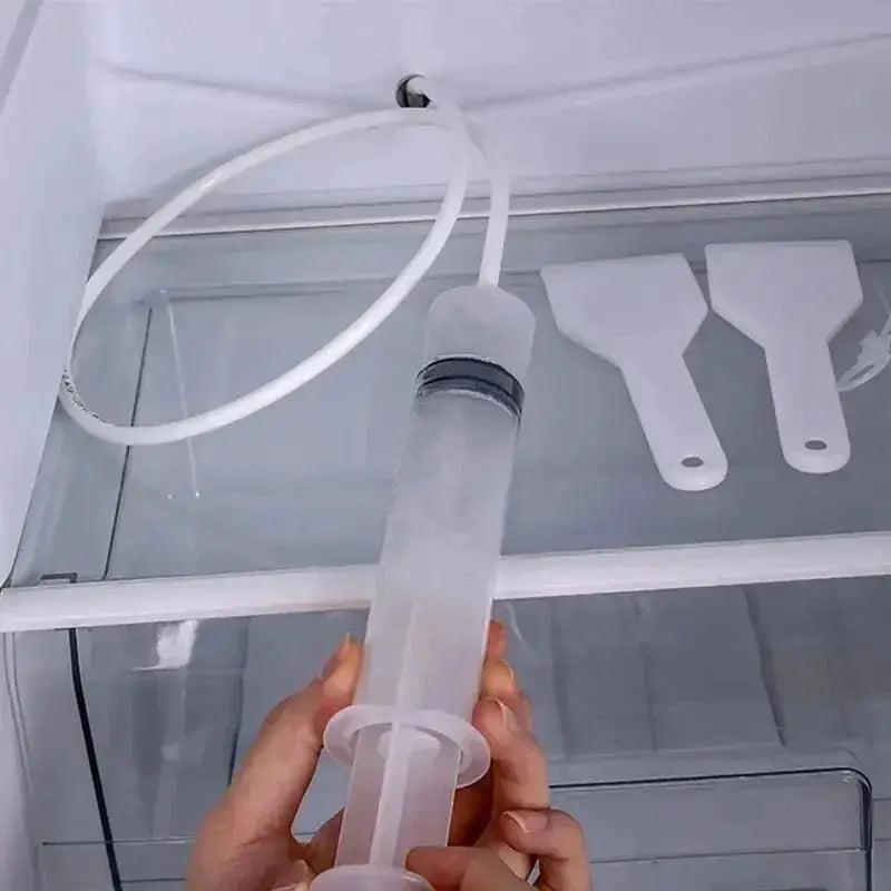 Simples Market refrigerator drain cleaner set; clear plastic syringe tool with white hose and two spatula tools (5/6 pcs)
