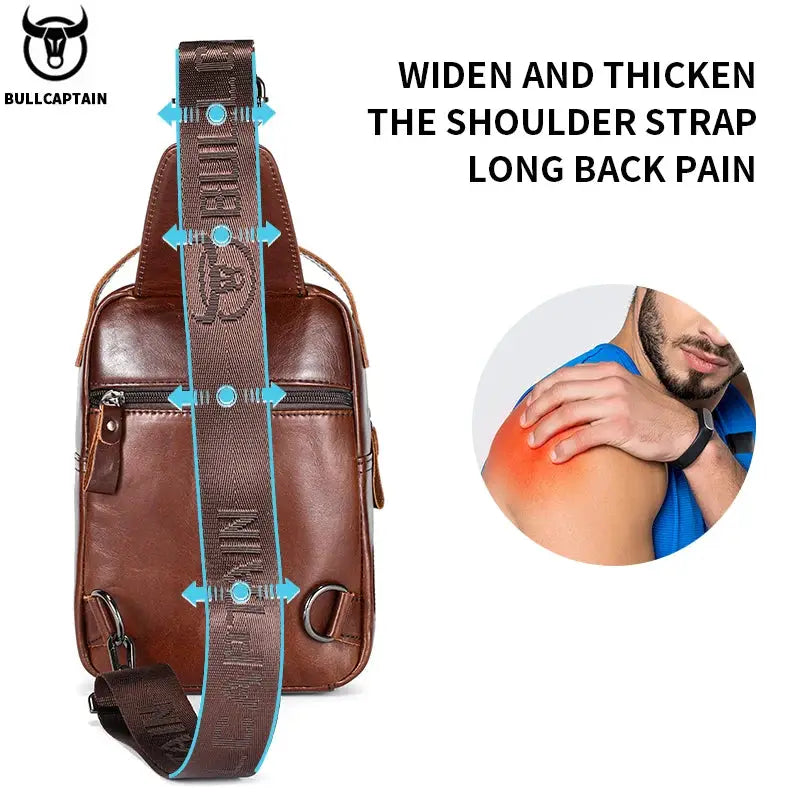 BullCaptain men's genuine leather chest bag with a wide adjustable strap; brown crossbody phone bag.