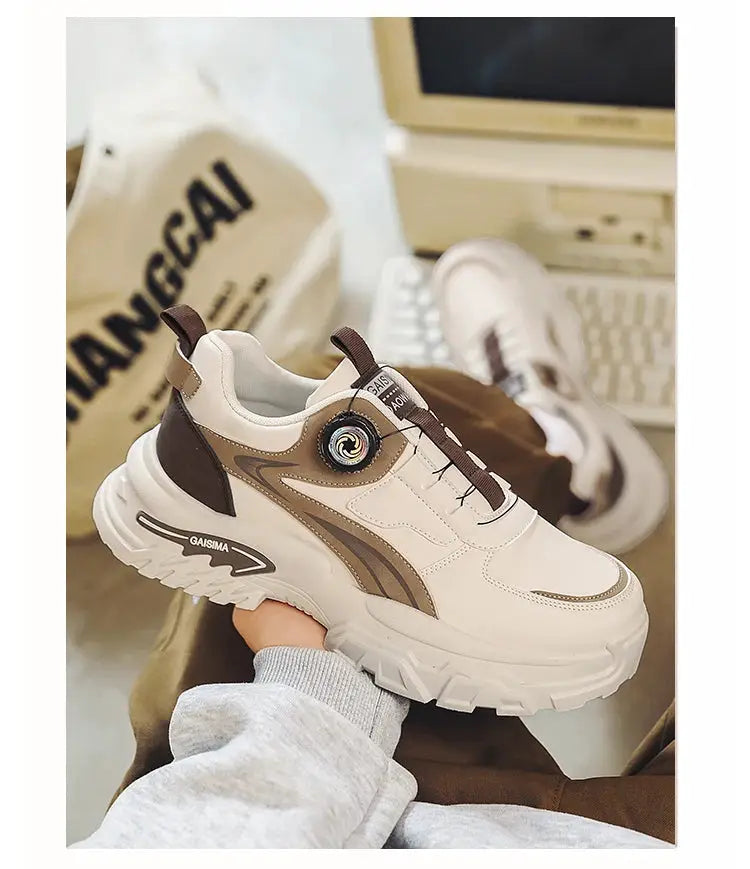 Simples Market men's chunky high-top running shoes, white with brown overlays and a thick sole, GAISIMA logo visible