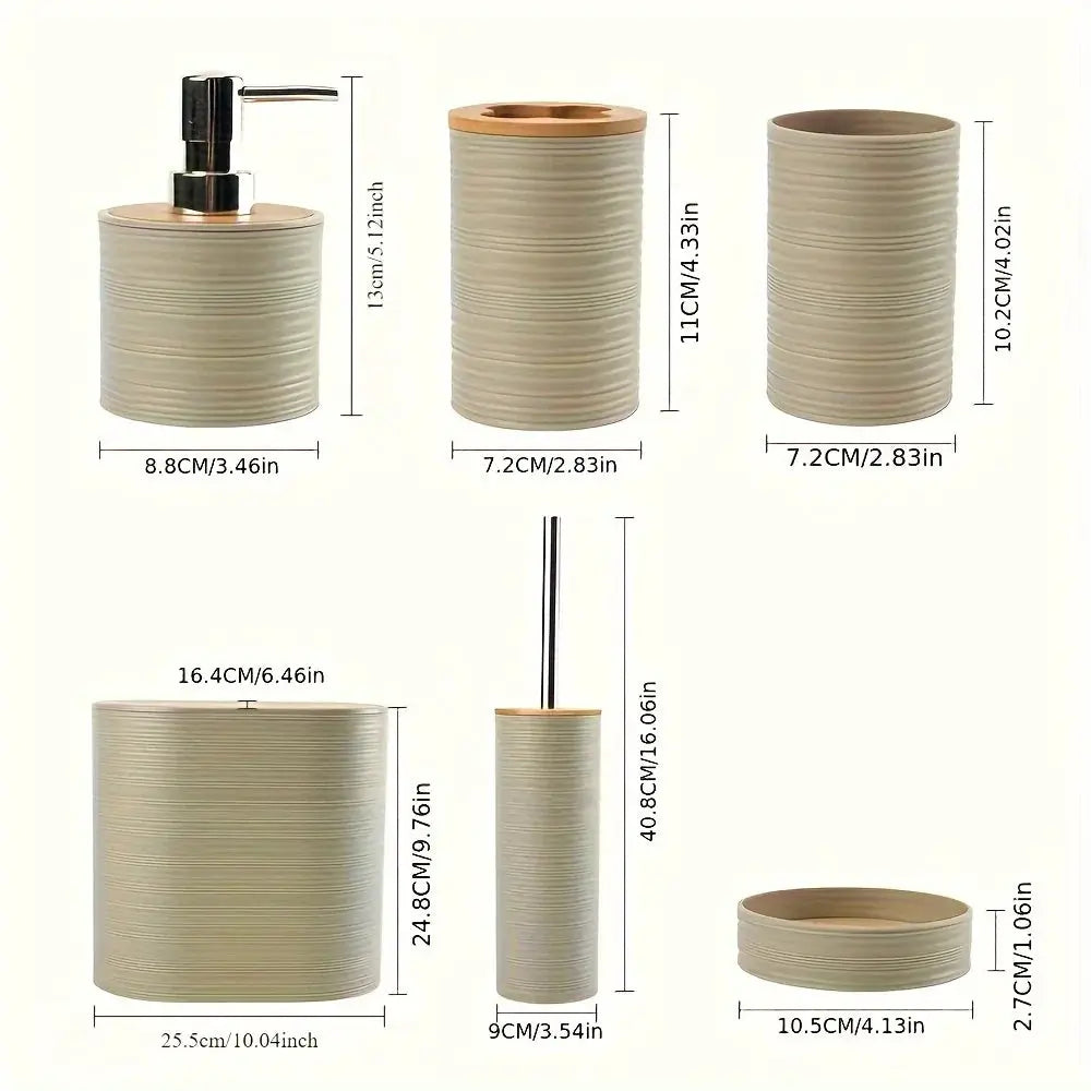 6-piece Simples Market bathroom accessories set in beige ribbed ceramic with gold-tone trim for countertop vanity