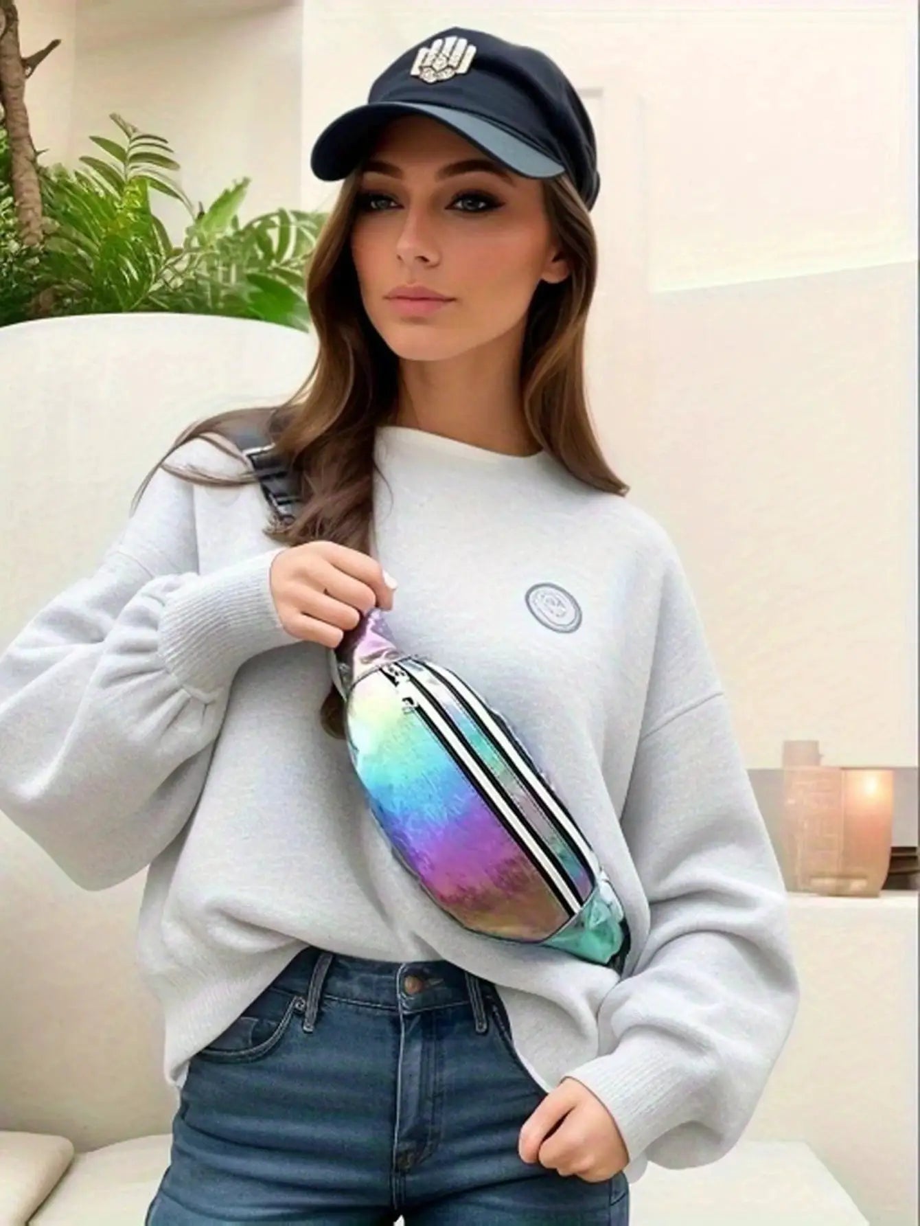 Holographic fanny pack by Simples Market, iridescent rainbow waist belt bag with zipper